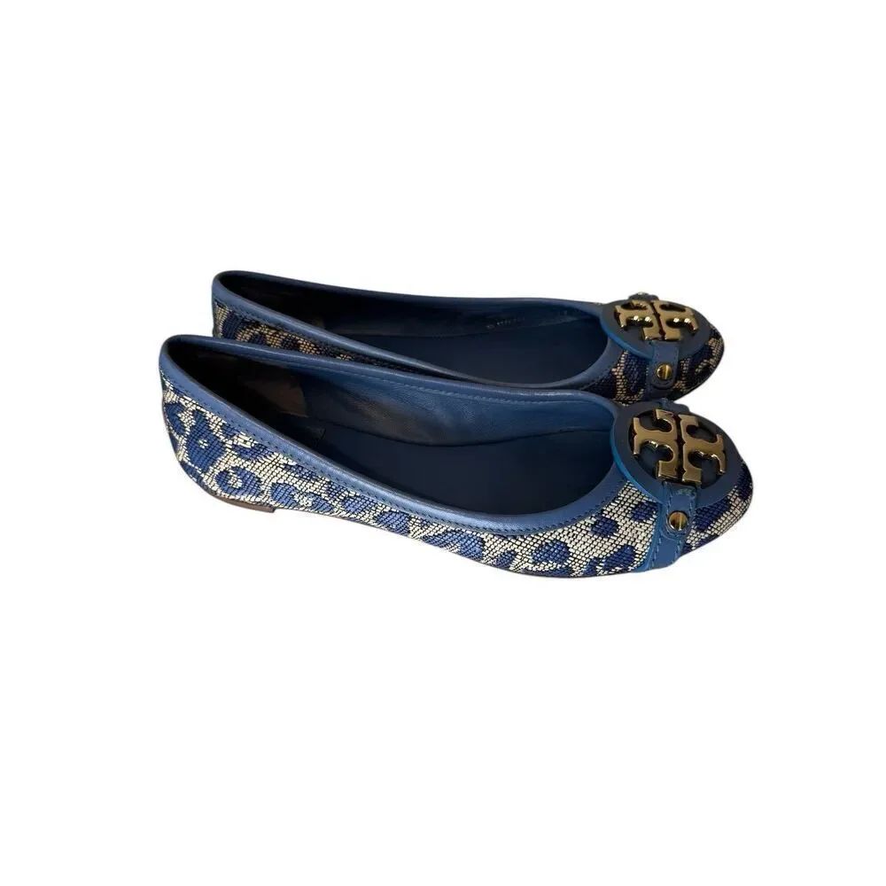 TORY BURCH AADEN Ballet Flat Leopard Raffia Leather Gold Logo Women's US 6.5